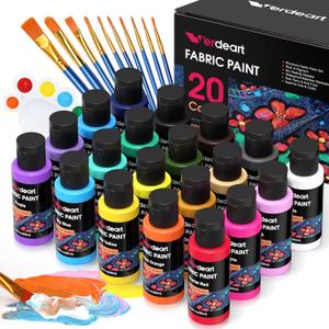 Fabric Paint, 20 Colors Permanent Soft Fabric Paint Set for Clothes in Bottles (60ml/2oz) with 10 Brushes, Palette