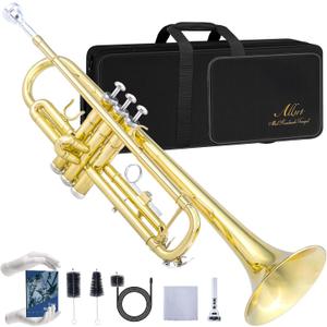 ALLSET Bb Standard Trumpet for Beginners | Student Band, Orchestra, Pro Level Performance | Professional Brass Trumpet Kit with Hard Case, 7C Mouthpiece& Cleaning Kit | Gold