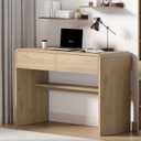 Desk with Drawers, 39.4 inch Small Writing Computer Desk, Modern Makeup Vanity Table for Bedroom, Wood Study Table with Storage Shelf for Home Office,Light Oak