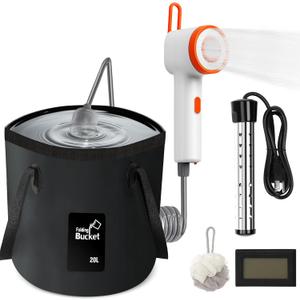 Portable Shower with Heater, 2500mAh Rechargeable Portable Camping Shower Pump with Light, 5 Gal Foldable Bucket, Digital Display for Hiking, Travel, Pets & Car Washing, Wartering Plants (BLACK1)
