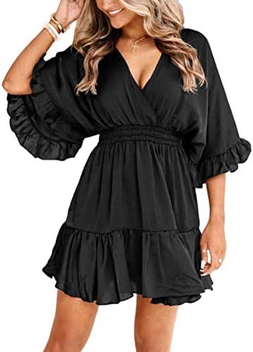 Lightweight Casual Mini Dress with V Neck Ruffled High Waist Floral Design S