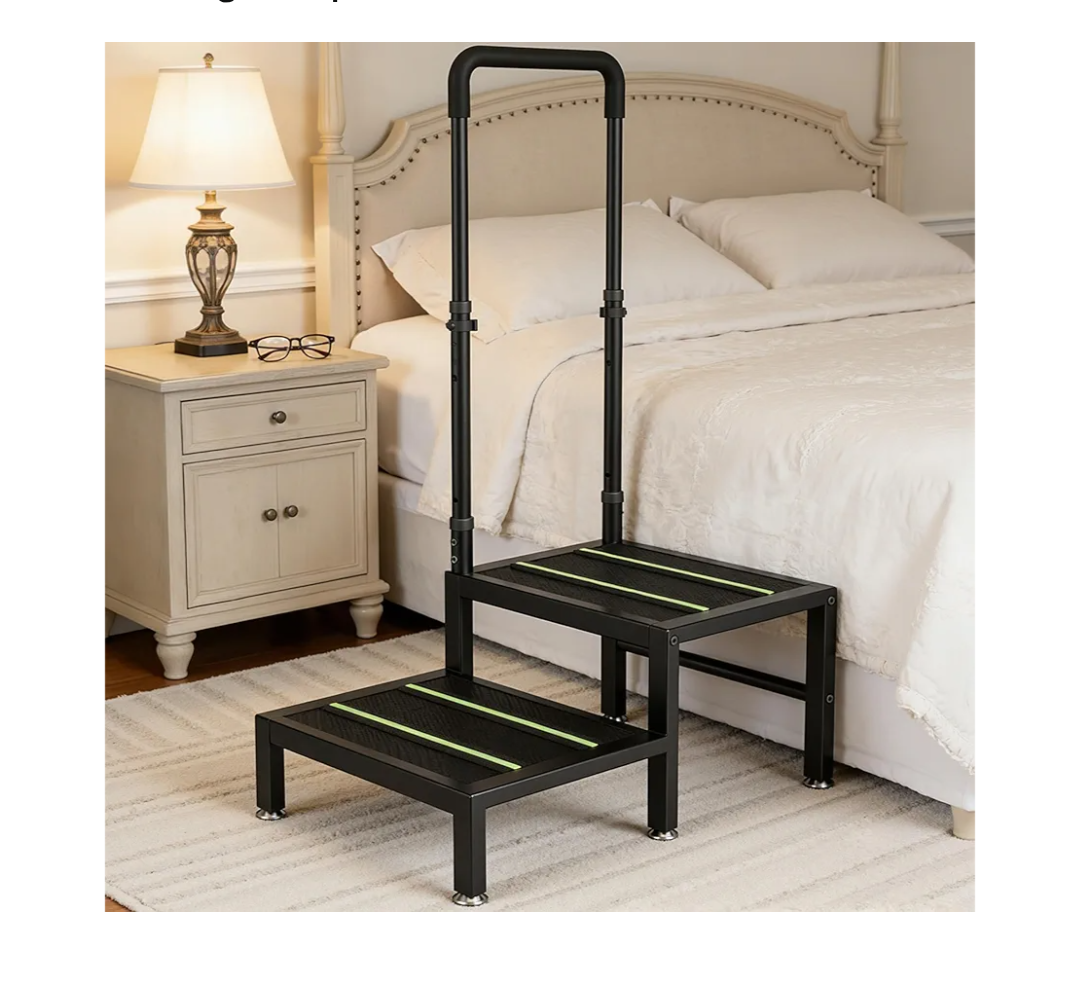2 Step Stool with Handle, Heavy Duty Step Stool for Elderly and Adults, Adjustable Handrail with Non-Slip Platform, Bedside Steps for High Beds, Kitchen and Bathroom