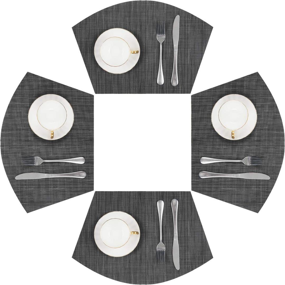 SHACOS Small Round Table Placemats Wedge Placemat Set of 4 Non Slip Heat Resistant Woven Vinyl Table Mats Wipe Clean Indoor Outdoor (4, Black Gray)