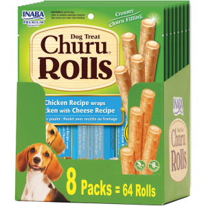 INABA Churu Rolls for Dogs, Soft & Chewy Baked Chicken Wrapped Filled Dog Treats, 0.42 Ounces Each Tube, 64 Tubes Total, Chicken with Cheese Recipe, Best By: 03.11.2027