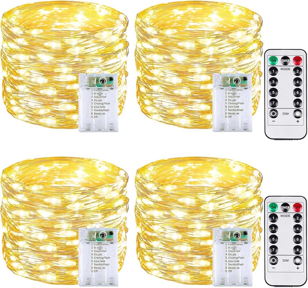 4 Pack 60LED Christmas Battery Operated Fairy Lights with Remote, 8 Modes String Lights with Timer, Dimmable, Memory Function, Waterproof Twinkle Lights for Outdoor Indoor Christmas Decor(Warm White)
