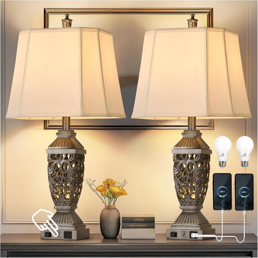 AIDENOEY Farmhouses Table Lamp with USB & USB-C Charging Ports, 3-Color Dimmable & Stepless Bottom Dimming, Touch Control & Switch, Vintage Bedside Lamp for Bedroom Living Room Office,(27.5" high) (Antique Silver-7)