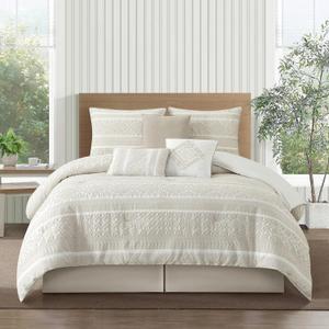 Stratford Park Beige Queen Size Comforter Set, 7 Piece Jacquard Patchwork Bedding Set, All Season Bedding, Matching Pillows, Shams, Bed Skirt