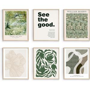 Habseligkeit Green Wall Art Prints, Retro Wall Decors for Room Aesthtic, Abstract Posters for Bedroom Decor Aesthetic Unframed, 8X10in, Set of 6