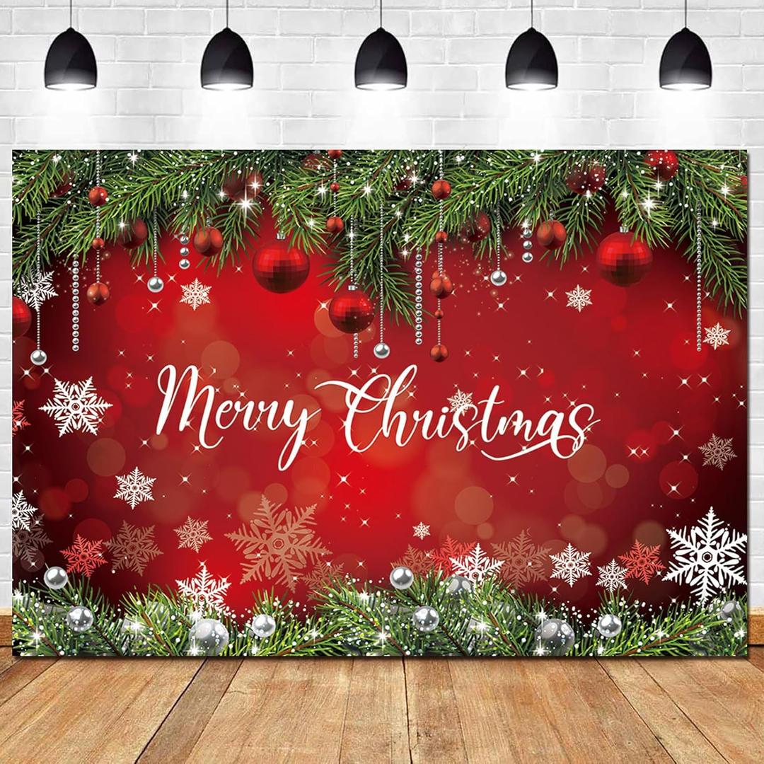 Merry Christma Photography Backdrop Glitter Sparkle Red Snowflakes Photo Background for Winter New Year Eve Family Party Decoration Cake Table Banner 8x6ft