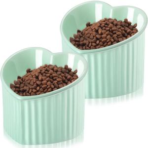 Mumufy 2 Pcs Ceramic Elevated Cat Bowls Tilted Elevated Raised Pet Bowls Anti Vomit Cat Dish for Indoor Stress Free Water Dish Feeder for Puppies, Heart Shaped(Grass Green)