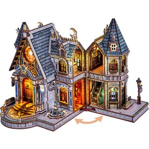 LED 3D Wood Puzzle, School for Wizards with Lighting DIY Wooden Miniature Building Kit Architecture Model