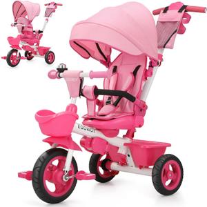 EOOWOY Toddler Tricycle with Push Handle, 7 in 1 Stroller Trike with 360 Swivel Seat, Reclining Backrest, All-Terrain Wheels, Dual Brakes, Canopy & Storage, Gift for Kids 18 Months to 5 Years, Pink, Medium