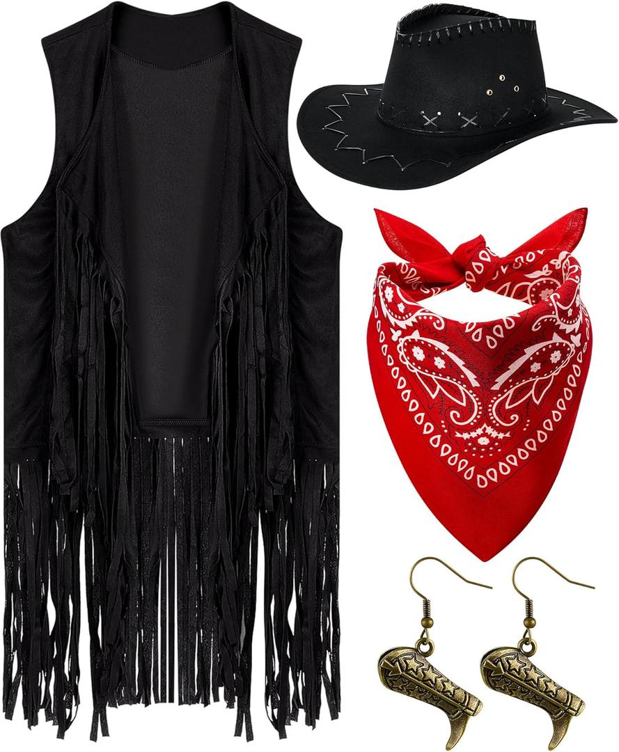 Xtinmee 4 Pcs Western Cowgirl Cowboy Outfits Set Women Tassel Vest Hat Dangle Drop Earring Paisley Bandana Dress up (Medium, Black)