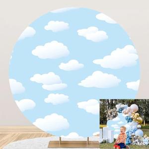 Blue Sky White Clouds Round Backdrop Cover Cartoon Sky Clouds Photo Background Kids Boy Baby Shower Newborn Birthday Party Decorations Dessert Cake Table Banner Arch Photo Booth Props 7.5ft