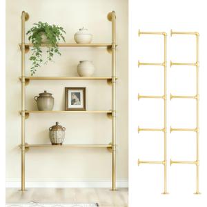Gold Industrial Wall Mount Iron Pipe Shelf Bracket,Retro DIY Open Bookshelf,Storage Shelves, Ceiling hung Shelves for Home Kitchen Bathroom Living Room Office(2PcsX5Tier,68"Tall,10"deep,Hardware Only)