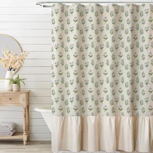 MUGINYU Linen Textured Ruffle Shower Curtain - Vintage Floral Block Print in Beige and Green, Boho Cottagecore Farmhouse French Country Bathroom Decor Set, 72x72 Inches