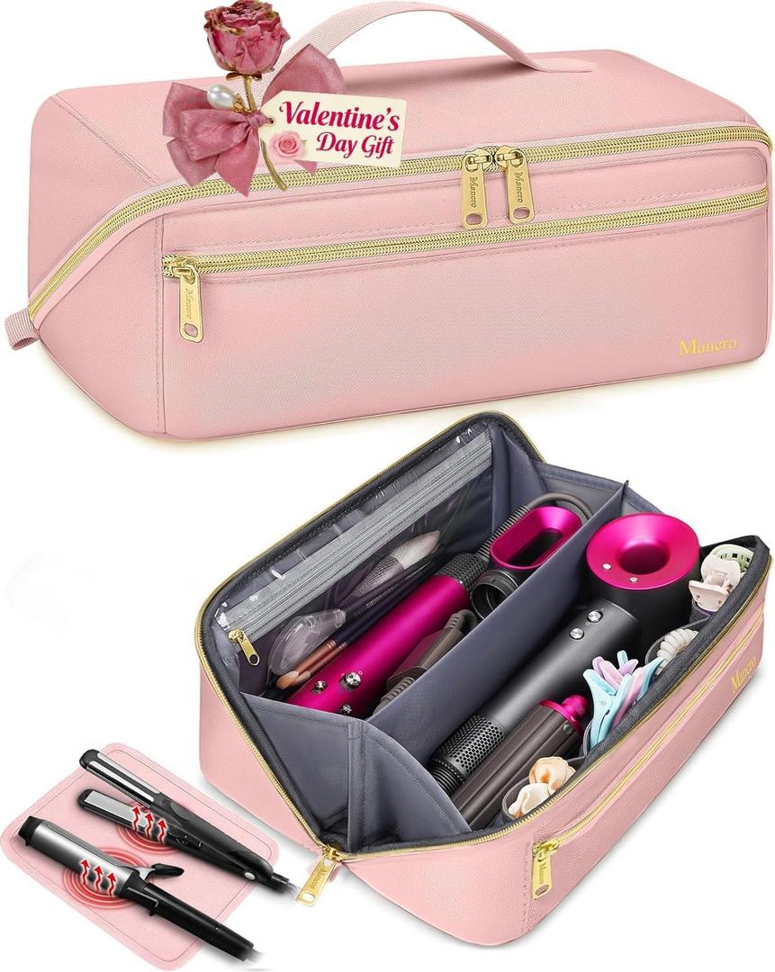 Mancro Hot Hair Tools Travel Bag with Separate Heat Resistant Mat, Large Capacity Wide-open Pouch, Hair Accessories Organizer for Flat Irons, Straighteners, Curling Iron,Travel Essentials for Women (Pink)