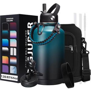Half-gallon Insulated Water-Bottle with Straw - Stainless Steel Thermo Jug with Spout Straws Lids, Paracord Handle & Bottle Sleeve, 64OZ Vacuum Thermo Water Bottle for Camping Trip (Indigo Black Gradient)