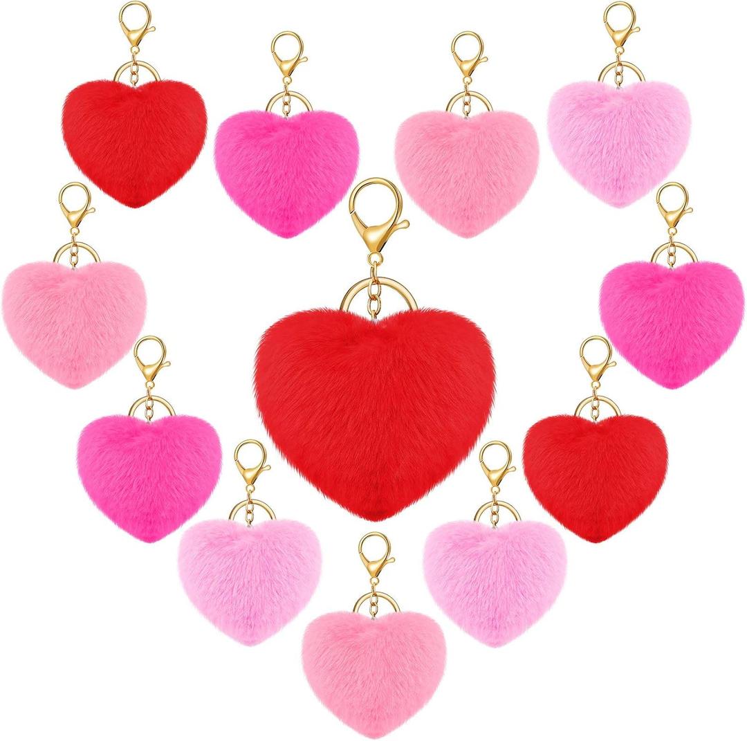 Hicarer 12 Pieces Valentine's Day Heart Shaped Pom Poms Keychains Fluffy Heart Cute Keyrings for Valentine Party Favor Gifts (Red, Light Pink, Pink, Watermelon Red)