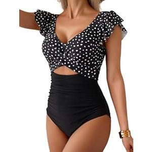 B2prity One Piece Swimsuits for Women Ruffle Sleeve V Neck Bathing Suit Tummy Control Cutout Monokini Slimming Swimwear (X-Small, Black)