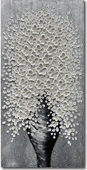 Epicler art 48x24 Inch Hand-Painted 3D Flower Art Oil Painting for Wall Decoration White Bouquets Blooming in Vases Home Wall Decoration