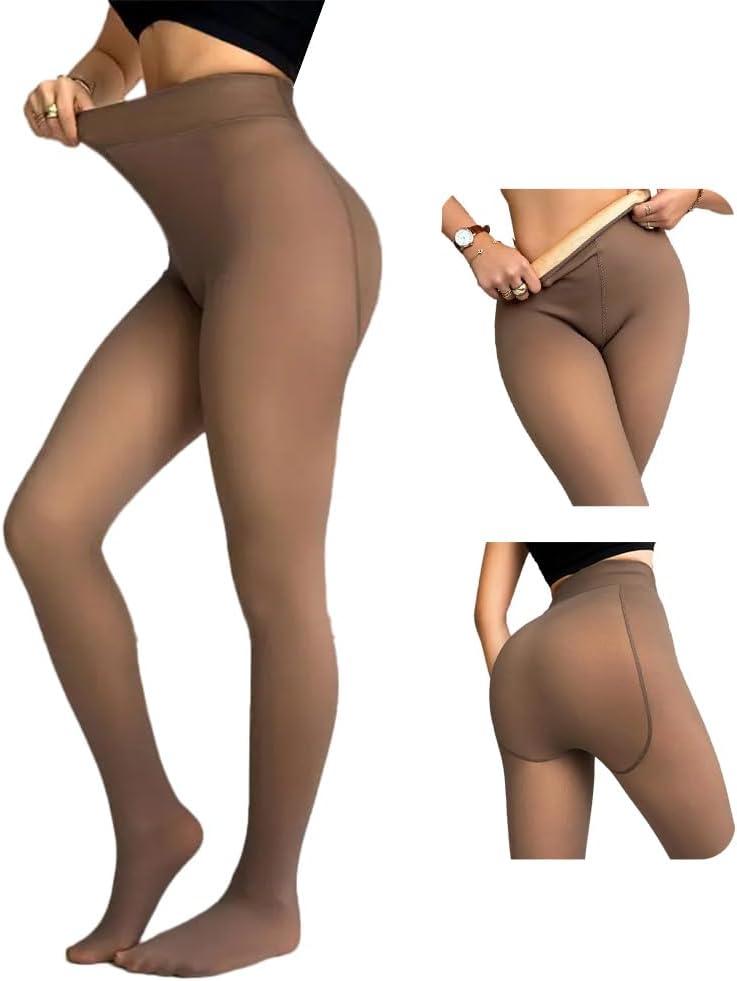 CHICME Womens Thick Fleece Lined Transparent Tights High Waist Elasticity Thermal Pantyhose Faux Sheer Warm Leggings (One Size, B-1pack, Brown, T.f. (40f-60f))