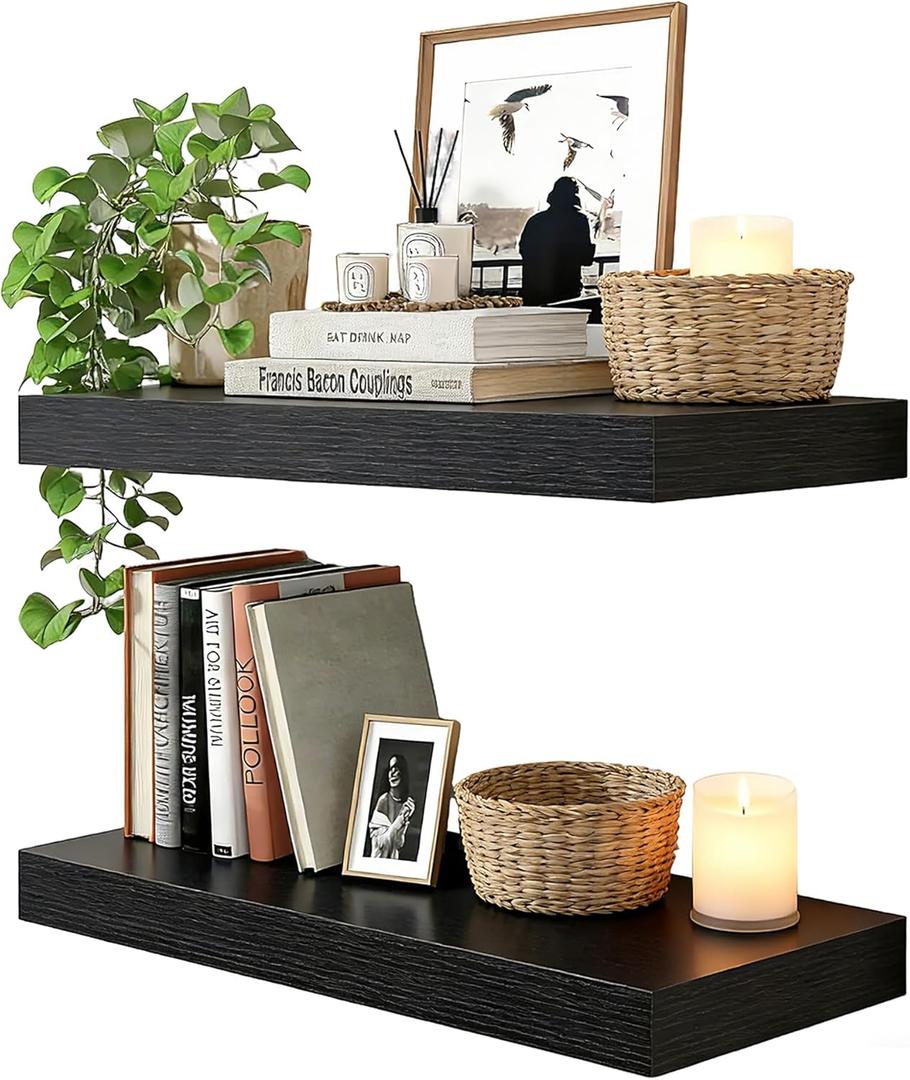 23.6in Solid Wood Core Floating Shelves, Set of 2 Heavy Duty Wall Mounted Shelf with Invisible Brackets, Rustic Farmhouse Black Wall Shelf for Living Room Bedroom Kitchen Bathroom Over Toilet