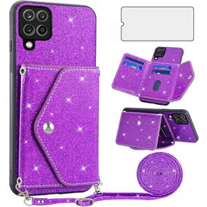 Asuwish Phone Case for Samsung Galaxy A22 4G 6.4 inch Wallet Cover with Tempered Glass Screen Protector and Crossbody Strap Lanyard Bling Glitter Credit Card Holder M32 M22 F22 A 22 22A G4 Purple