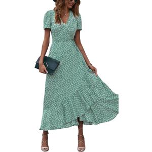 PRETTYGARDEN Women's Boho Floral Maxi Dress Summer Short Sleeve Wrap V Neck Long Flowy Beach Vacation Wedding Guest Dresses (Green, XL)
