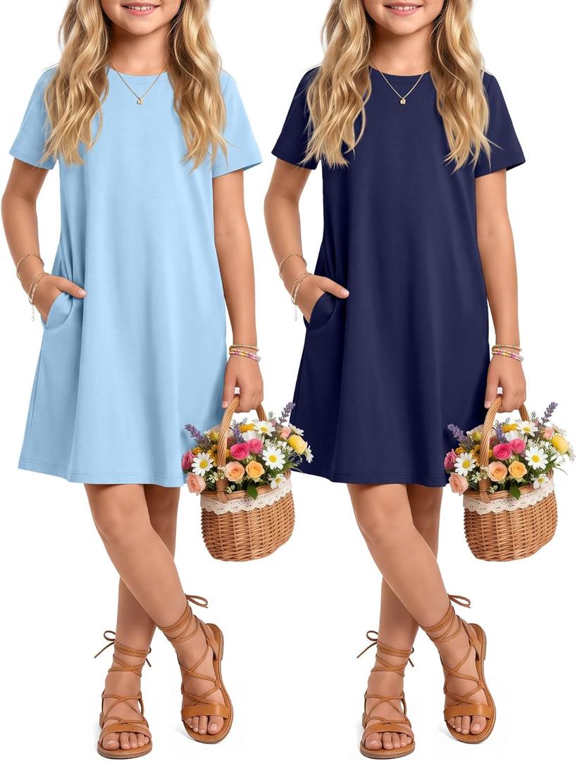 Oakgarden 2 Pack Girls Dress 5-14Y with 2 Pockets Kids Short Sleeve Crewneck Basic Dress Teen A-Line Casual Summer School(Light Blue, Navy Blue, 5-6 Years)