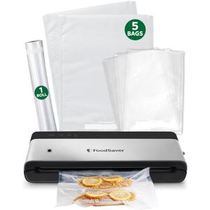 FoodSaver PowerVac Compact Vacuum Sealing Machine Stainless Steel & Black Vertical Storage VS0150 | Preserves freshness reduces bag waste for both dry and wet food