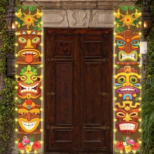 Hawaiian Luau Party Decorations, Tiki Party Decorations, Lighted Tiki Banner Door Porch Sign for Aloha Moana Hawaii Luau Party Tropical Birthday Tiki Party Supplies Door Wall Hanging Supplies