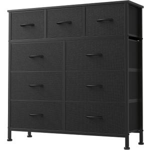 DUMOS 9 Drawer Dresser for Bedroom, Fabric Storage Organizer with Sturdy Metal Frame, Wooden Top Chest of Drawers for Closet Entryway Guest Room,Matte Black