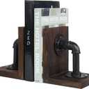 MyGift Book Ends Decorative, Bookends for Shelves, Metal Bookends for Heavy Books, Office Decor for Men, Wood Book Stopper, Realistic Industrial Pipe Design, Dark Brown