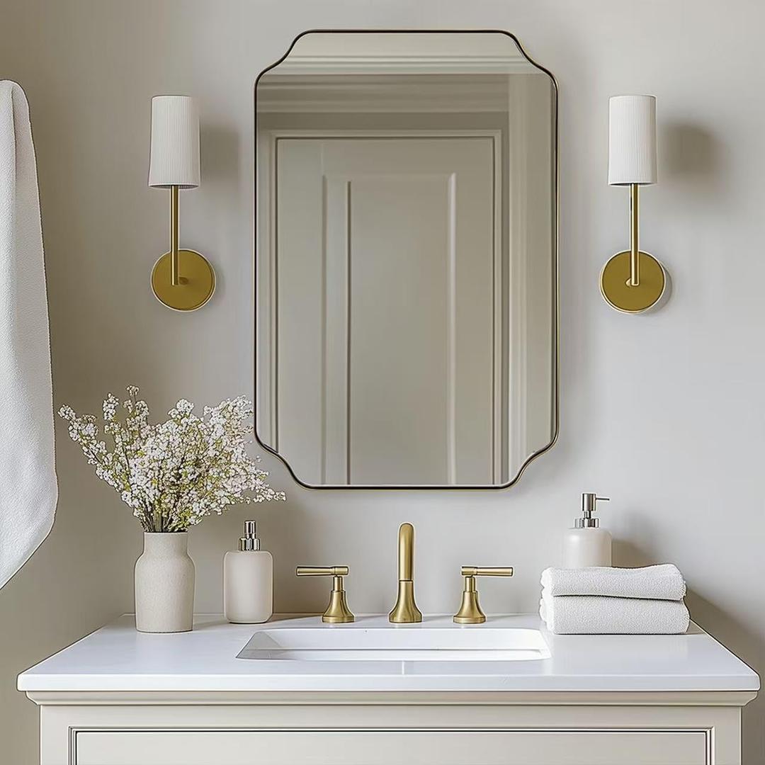 ANDY STAR 26"x38" Gold Mirror, Brushed Brass Scalloped Wall Mirror, Unique Rectangle Mirror, Bathroom Mirror in Anti-Rust Stainless Steel Metal Frame, 1 Deep Wall-Mounted Vertically/Horizontally