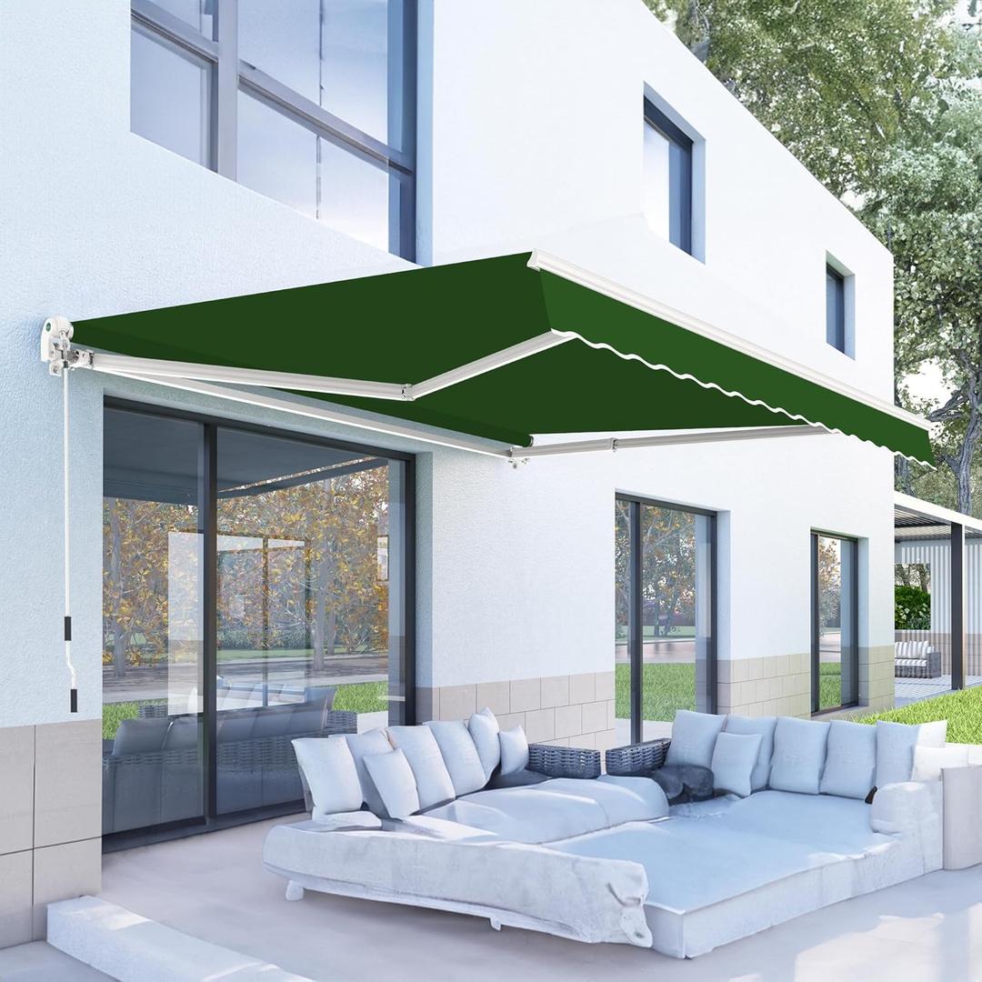 PATISOL 10'x8' Patio Awning Retractable Fully Assembled Manual Sunshade Shelter Aluminum Frame, 100% 280G Polyester Water-resistant Outdoor Window Door Awning Deck Canopy Balcony Yard Business (Green)
