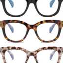 3 Pack Oversized Blue Light Blocking Reading Glasses for Women, Retro Style Readers with Spring Hinge +1.00 (Black&leopard&grey Leopard)
