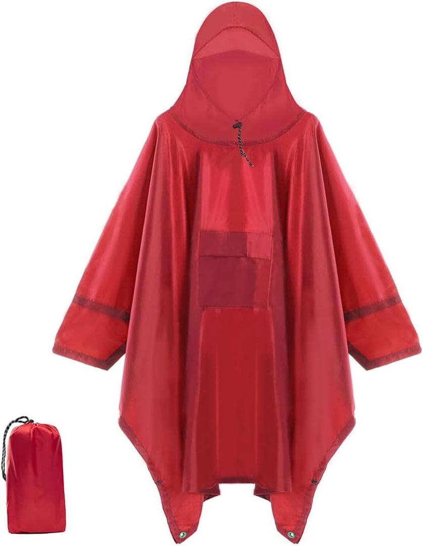 Cosmine Hooded Rain Poncho for Adult with Pocket, Waterproof Lightweight Unisex Raincoat Jacket for Hiking Camping Emergency (00-66, 3 in 1 Red)
