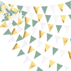 32Ft Sage Green Party Decorations Sage Green and Gold Triangle Flag Fabric Banner Pennant Bunting Garland Streamers for Rustic Party Wedding Baby Shower Birthday Home Nursery Outdoor Garden Decor