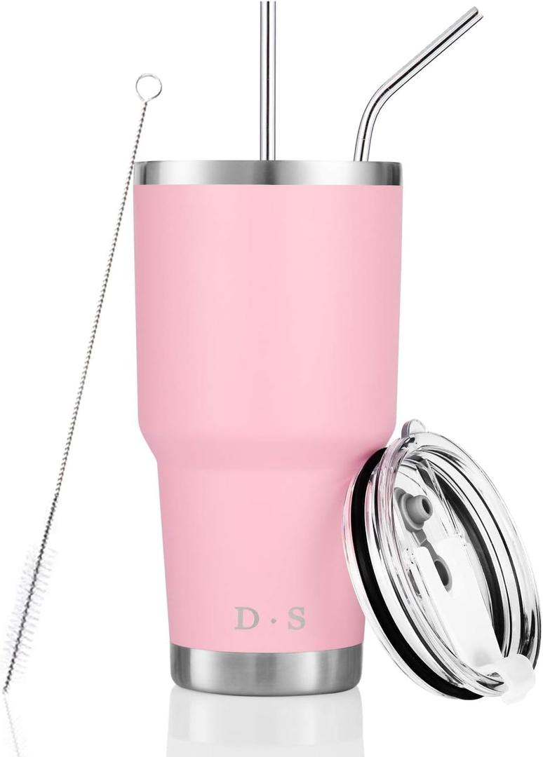 DS 30 oz Pink Tumbler Stainless Steel Double Wall Vacuum Insulated Mug with Straw and Lid, Cleaning Brush for Cold and Hot Beverages (30oz Pink)