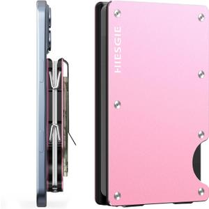 Slim Magnetic Wallet for Women, Compatible with MagSafe Wallet with Removable Money Clip, Rfid Blocking Metal Card Holder, Minimalist Wallet Compatible with iPhone 16/15/14/13/12 Series - Pink