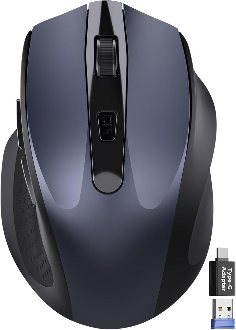 Wireless Mouse for Laptop, 2.4GHz Computer Mouse with USB-A Port &USB-C Adapter, Cordless Office Mice with 6 Buttons & 3 Level DPI for Small to Medium Hands, Work with PC, Desktop, Tablet - M21