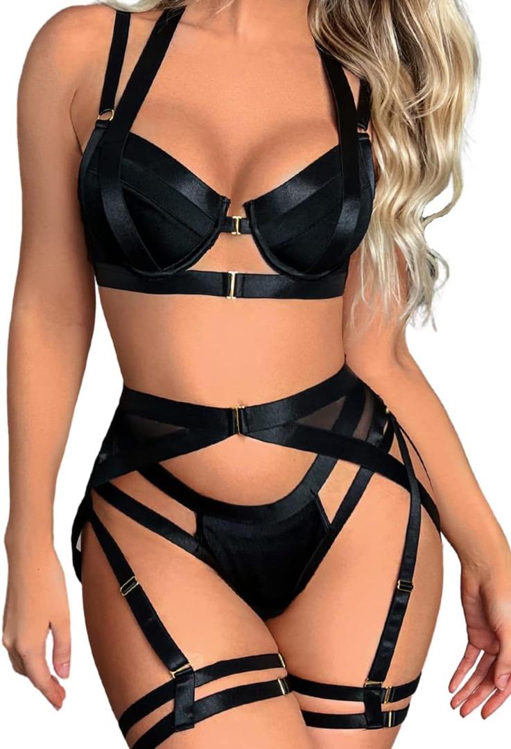 Kaei&Shi Garter Belt Thong Lingerie for Women, Strappy Hollow Out Underwire Racerback Sexy Lingerie, Harness Garter Leg Strap Matching 4 Piece Lingerie Set Boudoir Black Medium