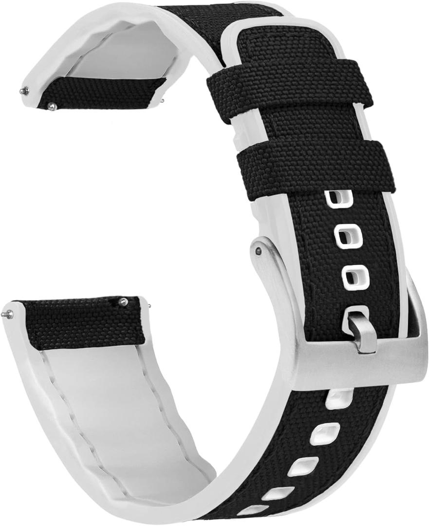 BARTON WATCH BANDS with Integrated quick release spring bars - Hybrid Silicone - Cordura Fabric, Water-Resistant Leather and Silicone Hybrid Watch Bands - Choice of Color & Width (18mm, 20mm, 22mm) (Black Top / White Bottom (Stainless Buckle))