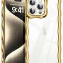 SKYLMW Compatible with iPhone 15 Pro Max Case, Kawaii Cute Curly Wave Frame Luxury Plating Edge, Stylish Glossy Clear Back, Soft TPU Shockproof Protective Cases for iPhone 15 Pro Max, Gold
