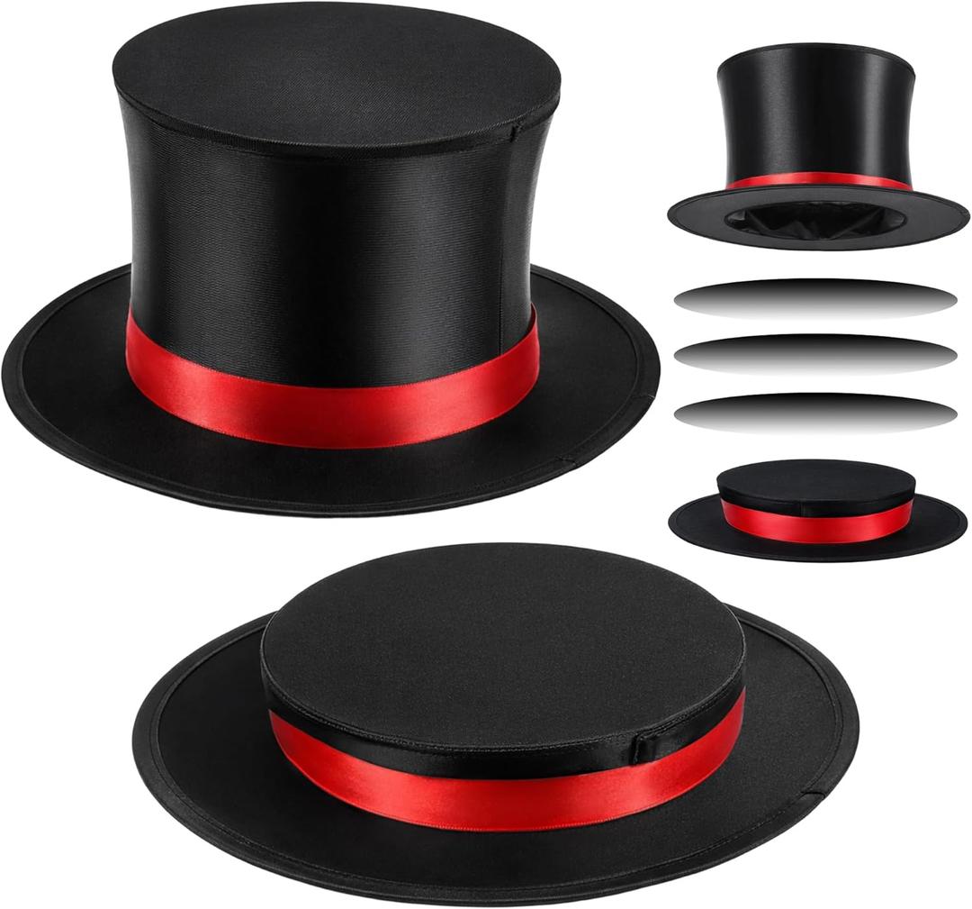 Magician Collapsible Top Hat Costume Top Magic Folding Hat for Men Women Adult Halloween Party (Black,red)