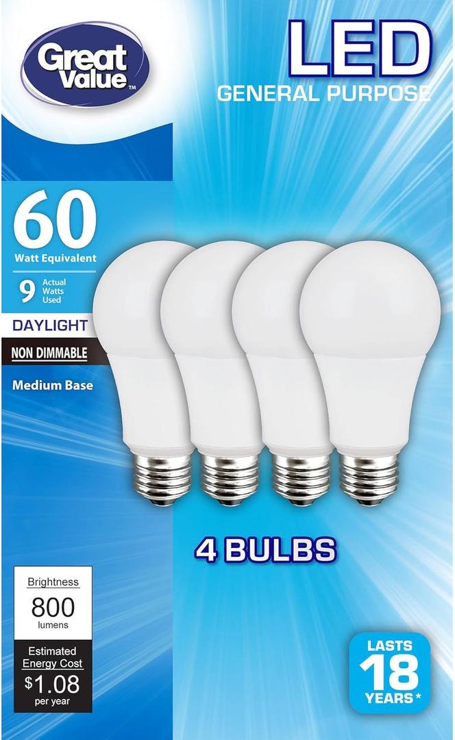 (4-Pack) Great Value 60W Replacement Bulbs 9W Non-Dimmable LED A19 in Daylight White (5000K, E26, Energy Star, 18 Year Life, 800 Lumens)