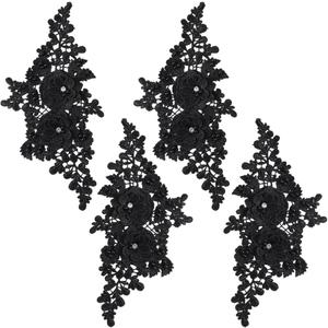 4Pcs Black Lace Bead Flower Applique 3D Floral Rhinestone Beaded Appliques Embroidery Polyester Crystal Pearl Sew on Patches for Sewing Making Dresses Cloth Gowns Home Decor Wedding Supply