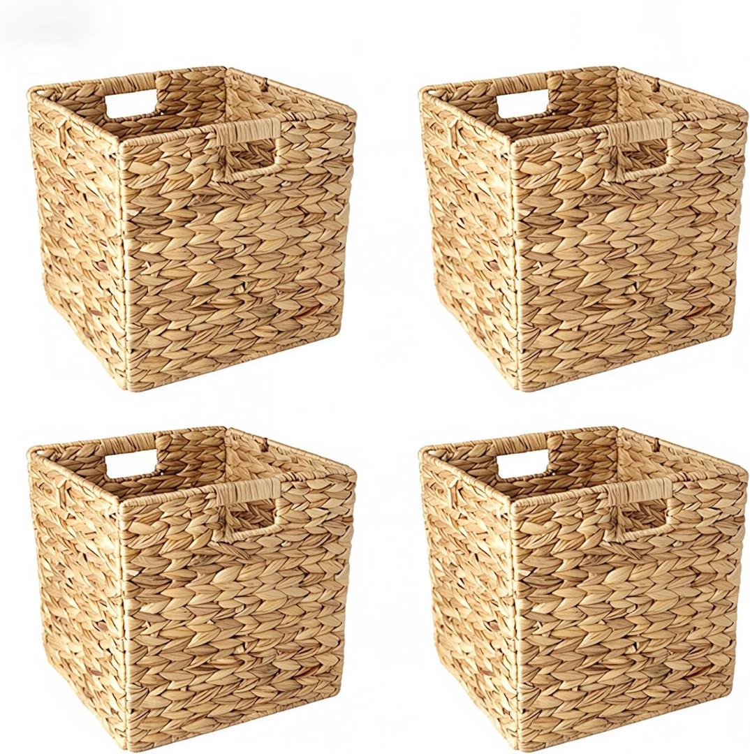 12x12in Storage Baskets,Set of 4 Water Hyacinth Baskets,Wicker Cube Baskets Laundry Organizer,Foldable Handwoven Storage Cubes,for Cube Shelf,Collapsible Laundry Baskets Pantry,Living Room,Bedroom