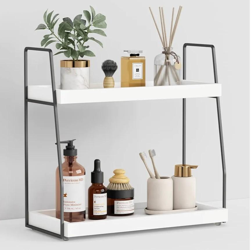 Forbena 2 Tier Bathroom Counter Organizer, White and Grey Coffee Bar Organizer for Countertop, Wood Shelf Tray for Vanity Makeup Storage, Small Kitchen Sink Top Organizers for Coffee Bar Station